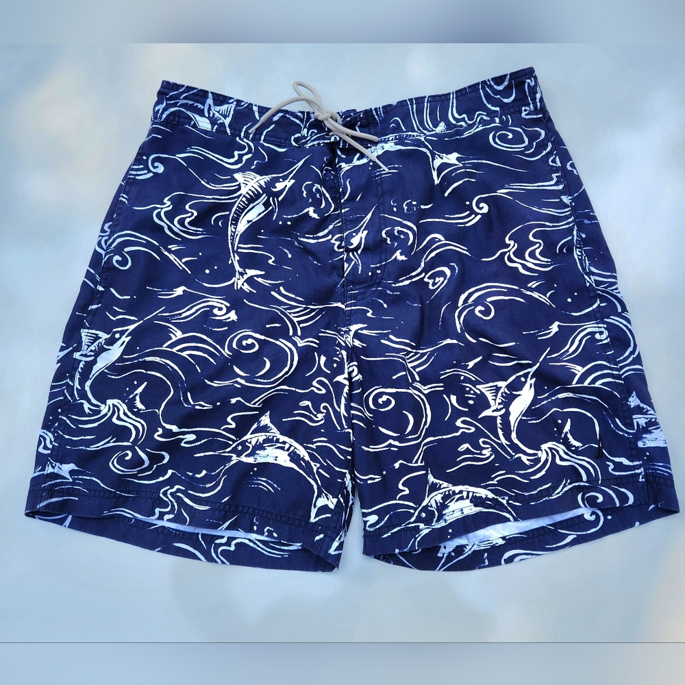 NAUTICA Navy Blue & White Swim Trunks Men's Size XL Swordfish Marlin Pattern